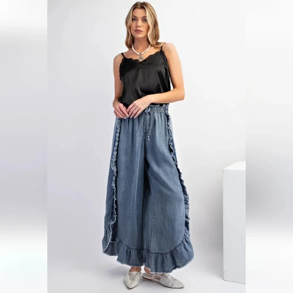 Easel Blue Washed Denim Ruffle Chambray Relaxed Fit Pants New - Picture 2 of 5